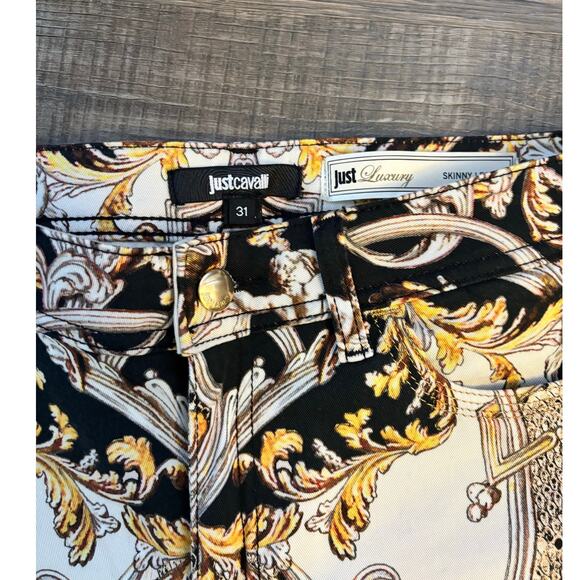 Y2K  Just Cavalli Gold Paisley Skinny Jeans Mid Rise L Studded Designer Denim - Picture 4 of 10